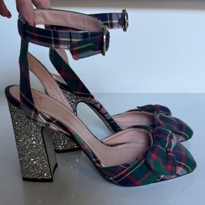J. Crew Plaid Bow Heels, silver Glitter heel, size 8, 4”heel